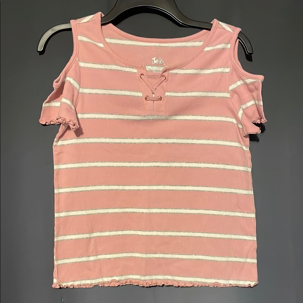Justice Pink Striped Cold Shoulder Top size 18